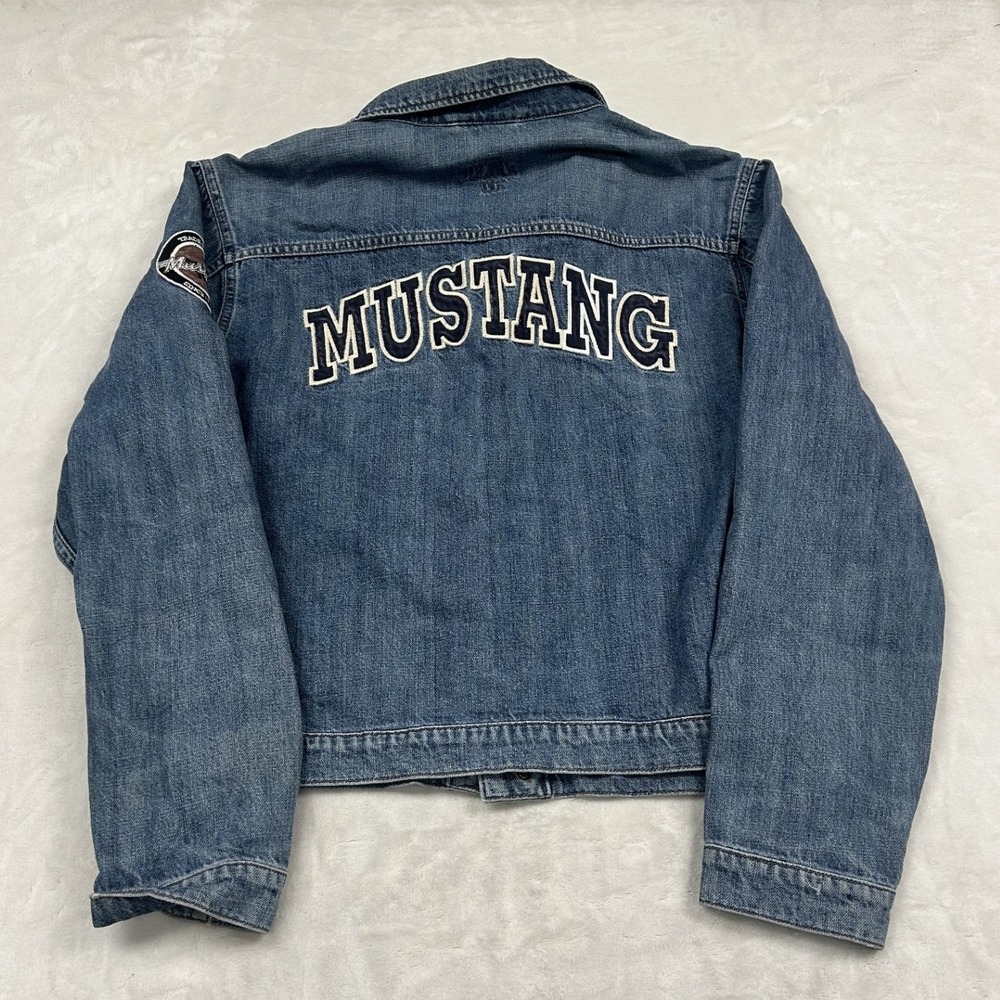 Mustang Jeans Denim Trucker Jacket womans XL Blue Patch Logo Button Front